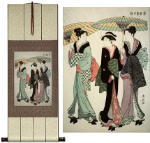 Beauties in the Rain<br>Japanese Woman Woodblock Print Repro<br>Hanging Scroll