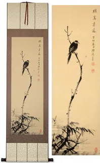 Shrike Perched in a Dead Tree<br>Deluxe Hand-Painted Wall Scroll