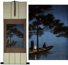 Shubi Pine at Lake Biwa Japanese Woodblock Print Repro Hanging Scroll