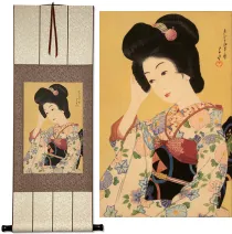 Departing Spring Japanese Woman Woodblock Print Repro Hanging Scroll
