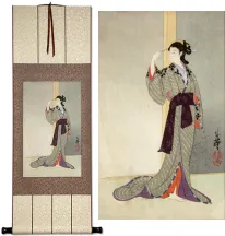 Courtesan with a View of the Rain<br>Japanese Woodblock Print Repro<br>Hanging Scroll