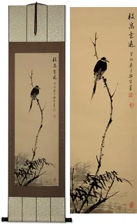 Decorative Shrike Perched In A Dead Tree Deluxe Hand-painted Wall Scroll