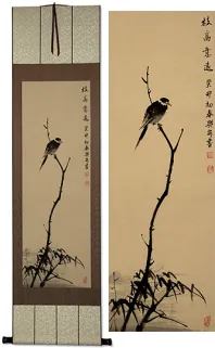 Shrike Perched in a Dead Tree Deluxe Hand-Painted Wall Scroll