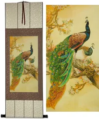 Antique-Style Peacock and Peahen Print Wall Hanging