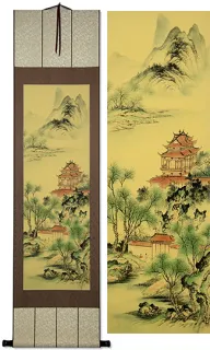 Red-Roofed Temple in the Forest Ancient Asian Landscape Print Scroll