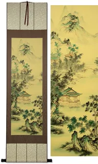 Blue-Roofed Pavilion Ancient Asian Landscape Print Scroll