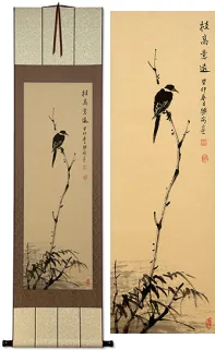 Shrike Perched in a Dead Tree Deluxe Hand-Painted Wall Scroll