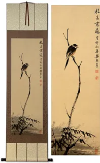 Shrike Perched In A Dead Tree Deluxe Hand-painted Wall Scroll