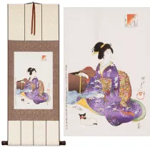 Woman Sewing Asian Woodblock Print Repro Wall Scroll
