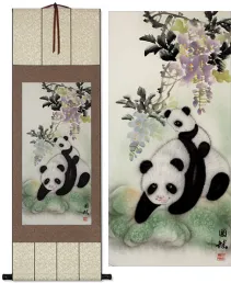 Panda Bears Asian Painting Wall Scroll