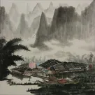 Asian River Boat Landscape Painting