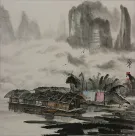 Asian River Boat Landscape Painting