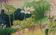 Little Bird in the Lotus Asian Watercolor Masterpiece Watercolor Painting
