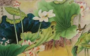 Little Bird in the Lotus Beautiful Asian Watercolor Painting