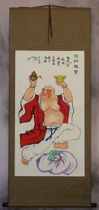 Happy Chinese Buddha Brings Treasures Wall Scroll