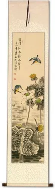 Kingfisher Birds in Lotus Pond - Wall Scroll