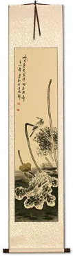 Kingfisher Bird and Withering Lotus - Wall Scroll