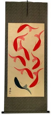 Abstract Large Nine Koi Fish Chinese Scroll