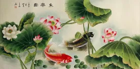 Koi Fish Having Fun in the Lotus Flowers<br>Large Painting