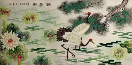 Pine Tree, Lotus and Cranes Longevity<br>Large Painting
