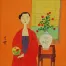 Asian Woman, Flowers Vase & Fan<br>Modern Asian Art Painting