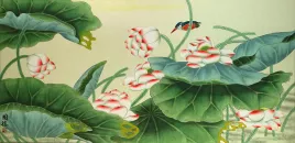 Lotus and Kingfisher Bird<br>Large Asian Painting