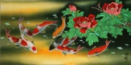 Huge Koi Fish and Peony Flower Watercolor Painting