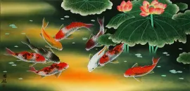 Huge Koi Fish and Lily Oriental Asian Art Painting
