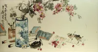 Still Life<br>Vase, Flower, Teapot, Birds Painting