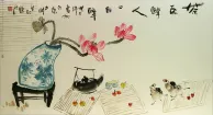 Asian Flower Vase Teapot Painting