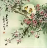 Pink Plum Blossom and Birds in Moon Light Painting