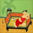 Woman and Cat on Bed Modern Asian Art Painting