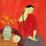 Woman, Cat, & Plum Blossom Vase Modern Art Painting
