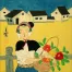 Woman and Flower Basket Modern Folk Art Painting