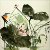 Lotus Breeze Travels Far<br>Kingfisher Bird and Flower Asian Art