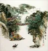 Chinese Mountain Cliff Village Boat and Bridge Landscape Painting
