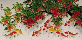 Huge Koi Fish and Lychee Fruit Asian Painting