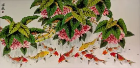 Koi Fish Feeding<br>Large Chinese Watercolor Painting