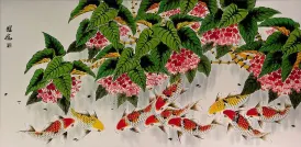 Huge Asian Koi Fish and Lychee Fruit Painting