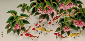Koi Fish Feeding<br>Large Chinese Watercolor Painting