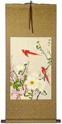 Red Cardinals and Bright Flowers Wall Scroll