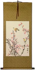 Birds and Bright Pink Plum Blossom Wall Scroll