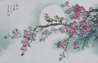 Birds and Plum Blossom Snowy Winter Full Moon Asian Art