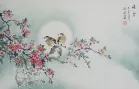 Birds & Plum Blossom Fragrant Snowy Winter Full Moon Painting