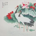 Chinese Cranes and Lotus Flower Painting