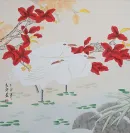 Three Chinese Egrets and Flowers Painting