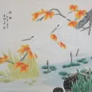 Two Chinese Egrets and Flowers Painting