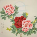 Auspicious Red and Pink Peony Flowers & Moon Painting
