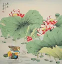 Colorful Mandarin Ducks & Lotus Flowers Painting