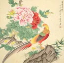 Chinese Golden Pheasant and Peony Flowers Portrait